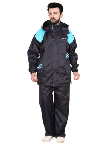 Boss Premium Coated Fabric + Lining Black and light Blue Rainsuit